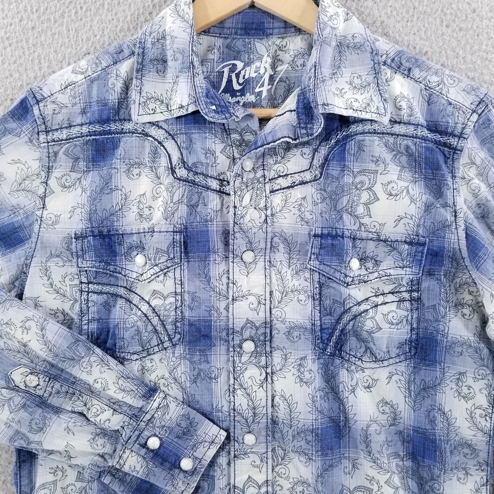Wrangler Rock 47 Shirt Mens Small Blue Paisley Pearl Snap Western Floral Country